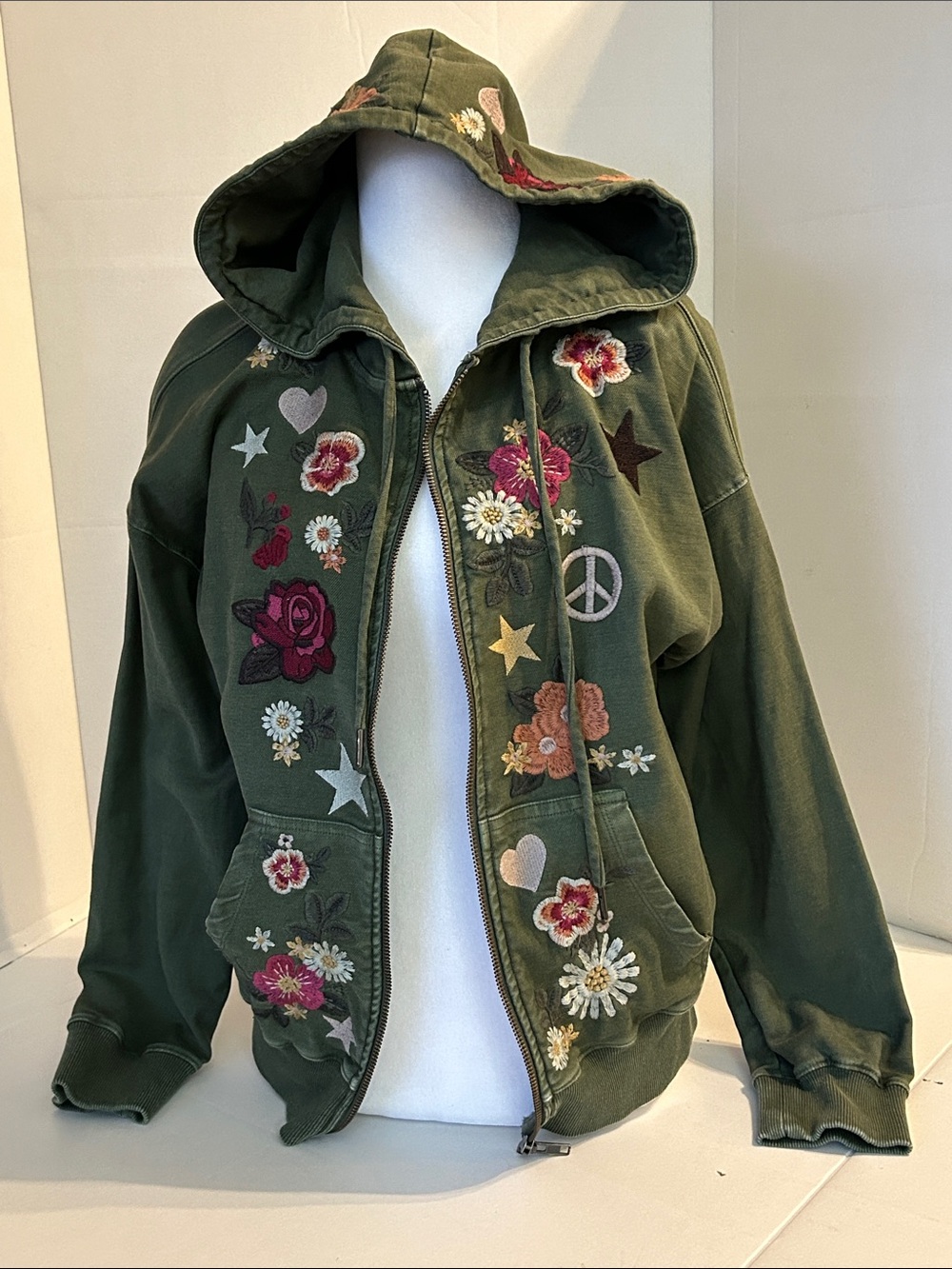 BILLY T GREEN EMBROIDERED ZIP-UP HAPPY HOODIE WITH FLORAL PATHES SZ XS